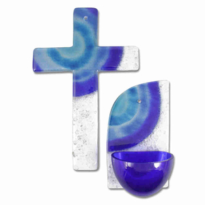 Glaskreuz - Glas Weihkessel modern blau - wei / Motiv Sonne im Set