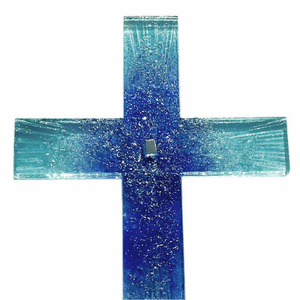 Glaskreuz Wandkreuz Fusingglas blau - trkis Blattgoldauflage Relief 23 x 14 cm Glaskunst