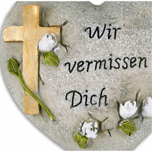 Grabschmuck groes Herz Kreuz / weie Rosen Wir vermissen Dich Kunststein 12 x8,5 x 9,5 cm