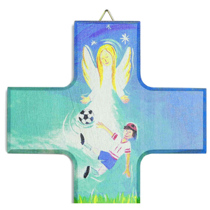 Kinderkreuz Schutzengel / Fuball Kind Gebet Buche bunt bedruckt 15 x 9 cm Geburt Taufe Jungen