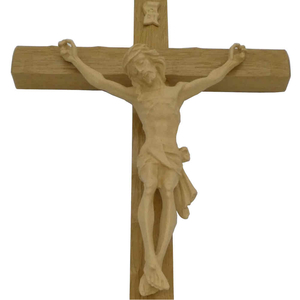 Wandkreuz / Kruzifix Eiche hell natur Oberflche gekerbt Jesus Krper hell 30 cm