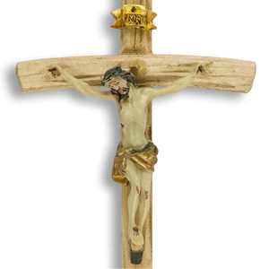 Kruzifix Wandkreuz Holz natur Jesuskorpus coloriert Balken gebogen 14,5 cm Holzkreuz