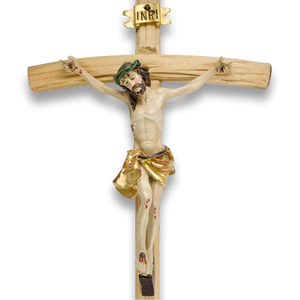 Kruzifix Wandkreuz Holz natur Jesuskorpus coloriert Balken gebogen 35 cm Holzkreuz