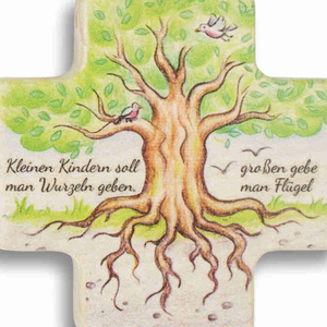Kinderkreuz Lebensbaum - Vgel & Text Kleinen Kindern soll man Wurzeln geben ... Holzkreuz 8 cm