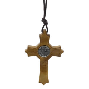 Halskettel Benediktusanhnger Kreuz Olivenholz Korpus Medaille Metall silberfarben 4,5 cm