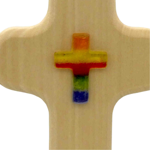 Wandkreuz Kinderkreuz Holz natur Auflage Glaskreuz Regenbogen 14,5 cm Taufe Geburt
