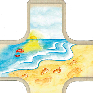 Kinderkreuz Holz bunt bedruckt Motiv Fuspuren im Sand am Meer 16 x 10 cm Taufkreuz