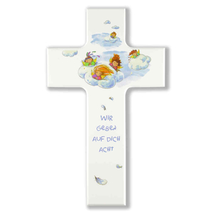 Kinderkreuz - Wir geben auf dich acht - Engel auf Wolke Holz wei bunt bedruckt 15 x 9 cm