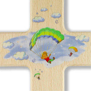 Kinderkreuz - Du lsst mich niemals fallen - Kinder fliegend mit Gleitschirm Holz natur 15 x 9 cm