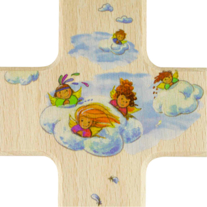 Kinderkreuz - Wir geben auf dich acht - Engel auf Wolke Holz natur bunt bedruckt 15 x 9 cm