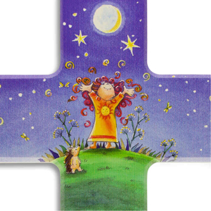 Kinderkreuz Motiv frhliches Kind mit Igel unter dem Sternenhimmel Holz bunt bedruckt 20 x 12 cm