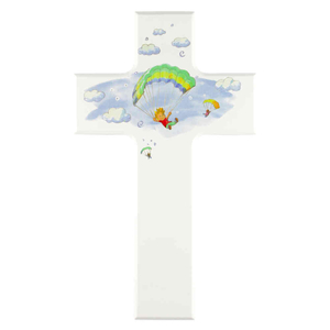 Kinderkreuz Motiv fliegende Kinder mit Gleitschirm Holz wei 20 x 12 cm Taufe Kommunion