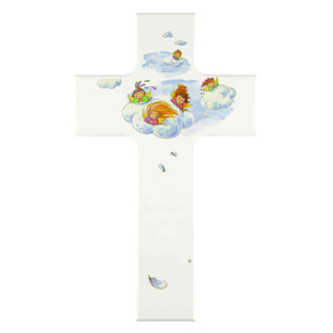 Kinderkreuz Motiv Engel / Schutzengel auf Wolke Holz wei 20 x 12 cm Taufe Kommunion