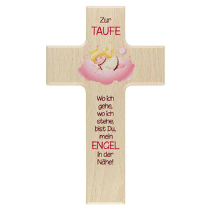 Kinderkreuz ZUR TAUFE - Schutzengel auf Wolke rosa Kreuz natur 15 x 9 cm Taufkreuz Mdchen