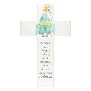 Kinderkreuz Ich werde einen Engel schicken - Schutzengel mit Stern Holz wei  bunt bedruckt 20 cm