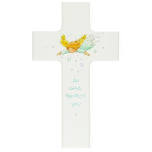 Kinderkreuz An angel protects you - fliegender Schutzengel Holz wei bunt bedruckt 15 x 9 cm
