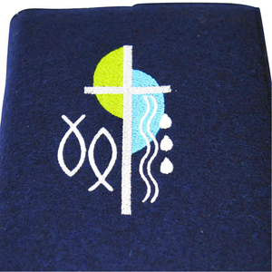 Gotteslob-Hlle Wollfilz blau Kreuz Fische Wasser blau Reiverschluss 19 x 13 cm Handarbeit