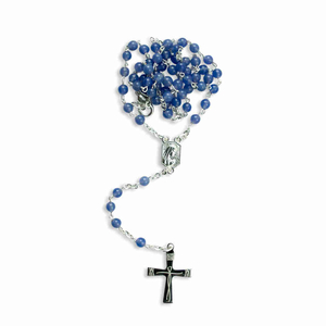 Rosenkranz Achat Perle blau versilbert + rhodiniertes Kreuz 37 cm