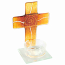 Teelichthalter Glas-Kreuz Spirale orange/rot 11 x 8 x 6 cm