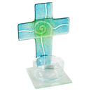 Teelichthalter Glas-Kreuz Spirale trkis/grn 11 x 8 x 6 cm