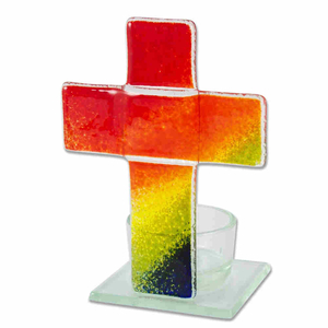 Teelichthalter Glas-Kreuz Regenbogen bunt 11 x 8 x 6 cm