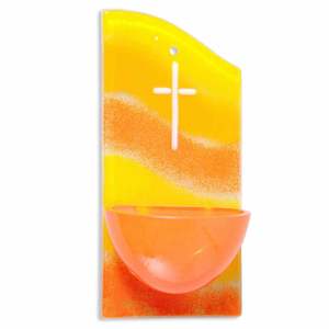Glasweihkessel modern gelb/orange mit weißem Kreuz ca. 15 x 7 x 4,7 cm Unikat