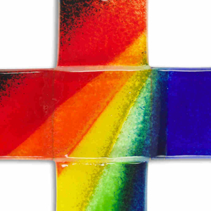 Glaskreuz mit Regenbogen blau 12 x 12 x 4 cm