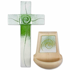 Glaskreuz - Holz Weihkessel Berg Ahorn Motiv Spirale weiß - hellgrün Gebets-Set