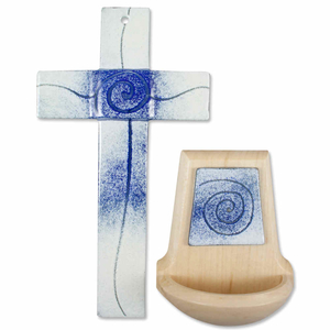 Glaskreuz - Holz Weihkessel Berg Ahorn Motiv Spirale weiß - blau Gebets-Set