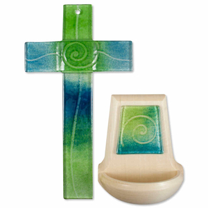 Glaskreuz - Holz Weihkessel Berg Ahorn Motiv Spirale blau - grün Gebets-Set