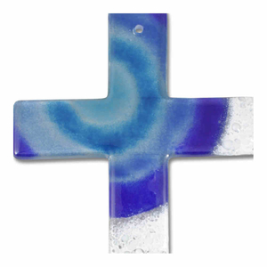 Glaskreuz modern blau - weiß / Motiv Sonne Handarbeit 20 x 13 cm