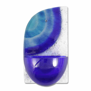 Glaskreuz - Glas Weihkessel modern blau - weiß / Motiv Sonne im Set