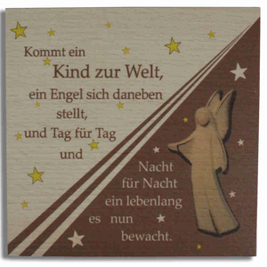 Holztafel bedruckt mit Engel Kommt ein Kind zur Welt Buche natur 14 x 14 cm