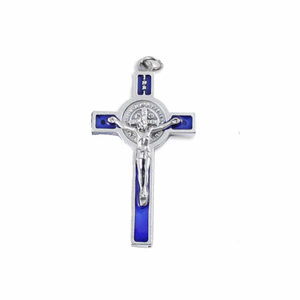 Benediktus-Kreuz Metall silber - blau mit Benediktusmedaille 5 x 3 cm