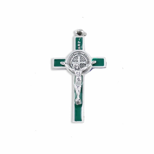 Benediktus-Kreuz Metall silber - grün mit Benediktusmedaille 5 x 3 cm