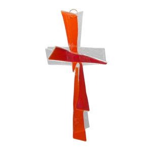 Glaskreuz modern transparent - orange - rot Handarbeit 21 x 11 cm Schmuckkreuz