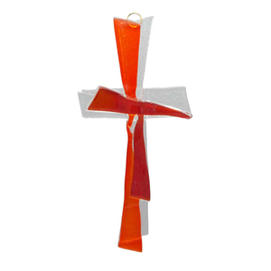 Glaskreuz modern transparent - orange - rot Handarbeit 21 x 11 cm Schmuckkreuz