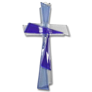 Glaskreuz modern blau Handarbeit 21 x 11 cm