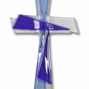 Glaskreuz modern blau Handarbeit 21 x 11 cm