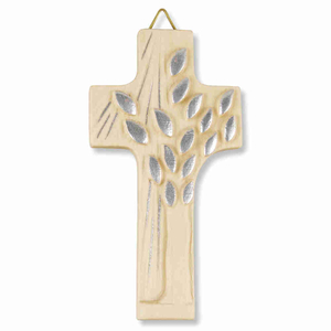 Wandkreuz Lebensbaum silberfarben Holz geschnitzt 11 cm