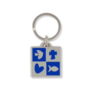 Schlüsselanhänger eckig blau Taube - Kreuz - Fisch Herz 6,8 cm