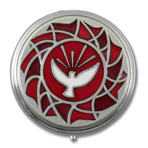 Rosenkranz Dose Metall silberfarbenen - rot rund Motiv Taube 5,5 cm