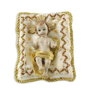 Jesukind liegend auf einem Kissen creme/gold mit Schein 10 x 7 cm