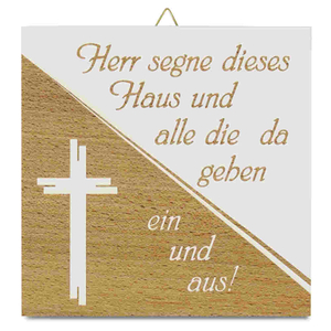 Haussegen weiß-braun Herr segne dieses Haus.. Motiv Kreuz Holz 14 x 14 cm