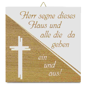 Haussegen wei-braun Herr segne dieses Haus.. Motiv Kreuz Holz 14 x 14 cm