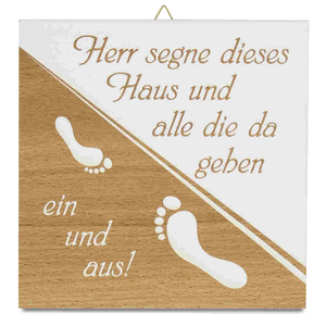 Haussegen bedruckt Motiv Fußabdruck Holz natur / braun 14 x 14 cm