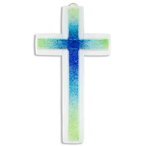 Glaskreuz weiß mit Kreuz blau - türkis - grün als Auflage modern 20 x 11 cm