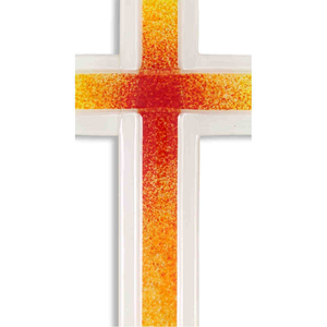 Glaskreuz weiß mit Kreuz rot - orange - gelb als Auflage modern 20 x11 cm