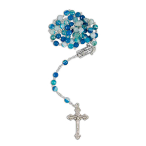 Rosenkranz gekettelt Achat Perle blau rund Kreuz / Kruzfix Metall 42 cm