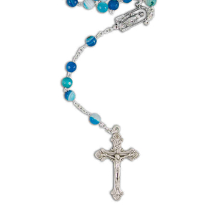 Rosenkranz gekettelt Achat Perle blau rund Kreuz / Kruzfix Metall 42 cm